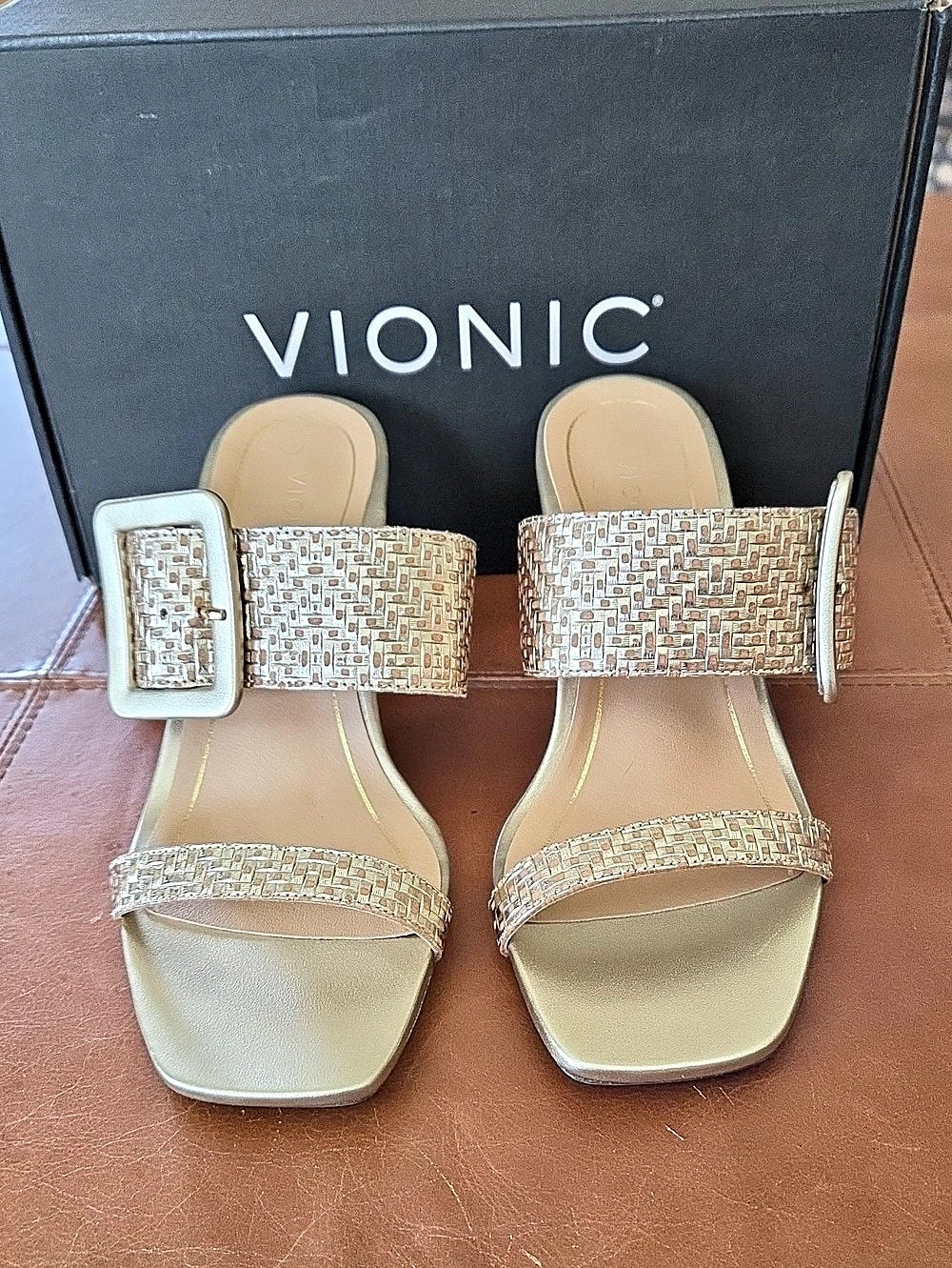 Vionic Brookell Heeled Sandal Gold Woven Block Heel